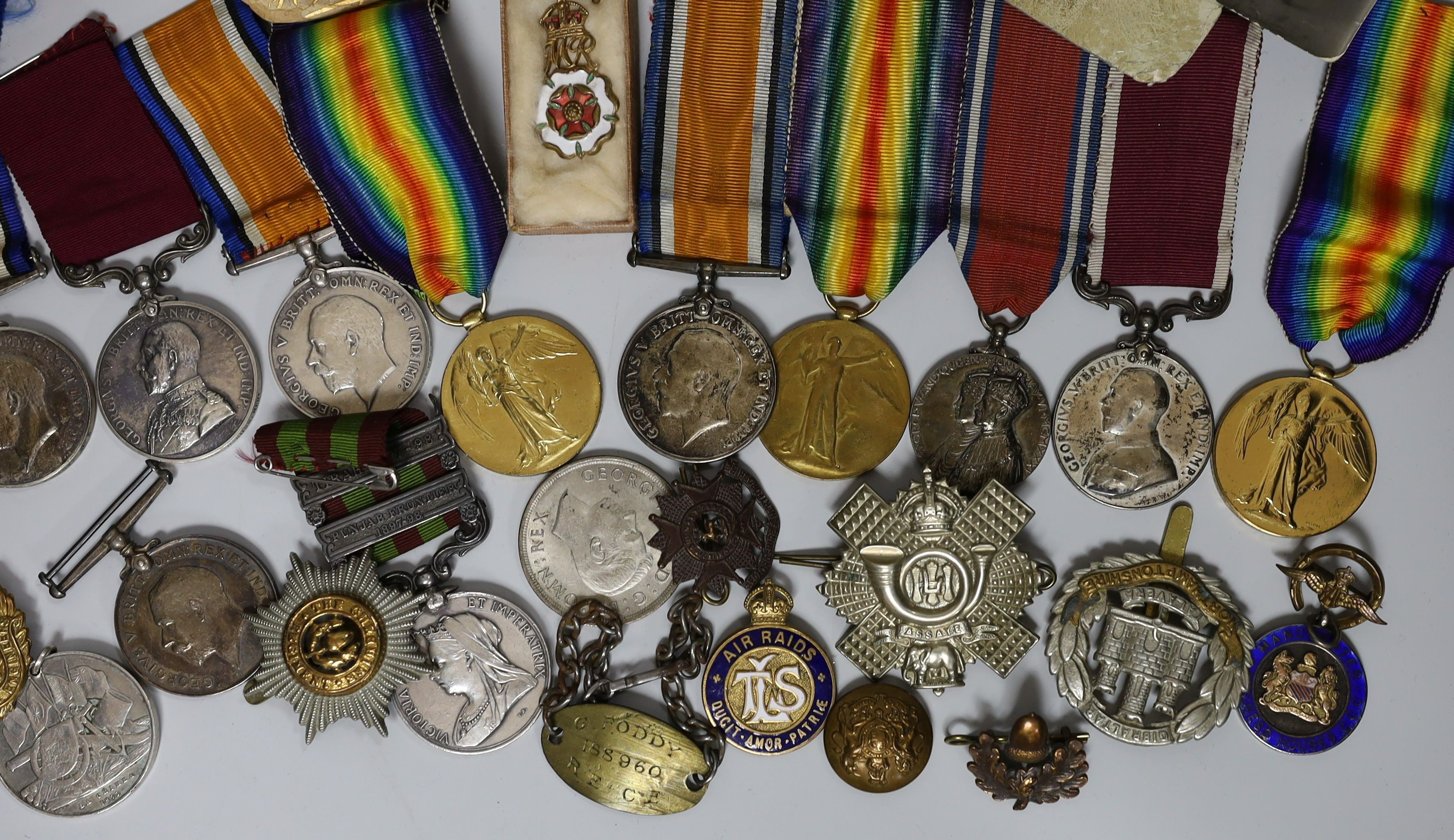 An India campaign medal and a long service and good conduct medal both awarded to 4838 PTE W.J. MORRIS 2D BN RYL SUSS REGT, a British war medal awarded to 34910 PTE. W. T. MORRIS. BEDF. R. a Palestine general service med